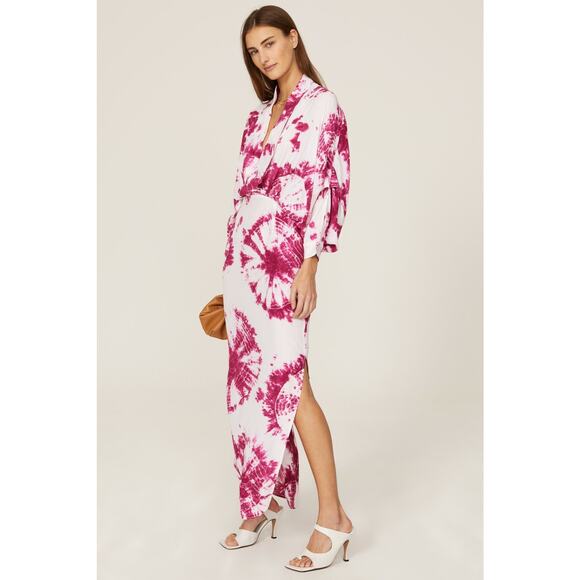 S/W/F Magenta Tie Dye Print Plunge V-Neck Long Sleeve Coastal Maxi Dress Size S - Picture 1 of 14